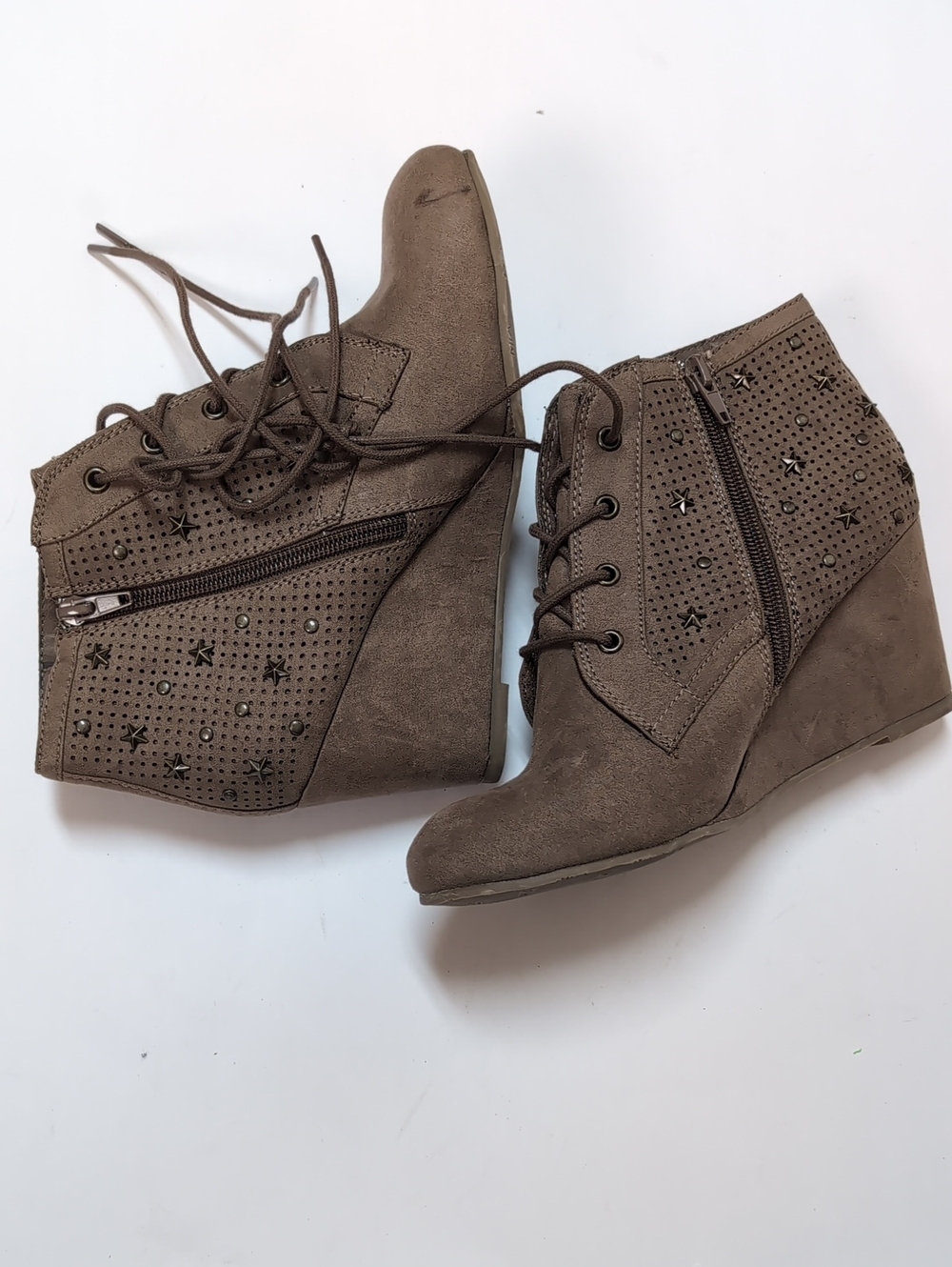 MIA Taupe Lace-Up Perforated Wedge Ankle Boots with Star Studs
